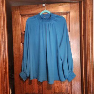 New York & Company Blue Zen Mockneck Key Hole blouse